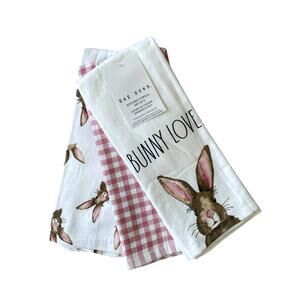 Rae Dunn Cotton Kitchen Towels BUNNY LOVE Easter Rabbit Spring Set of 3 NEW
